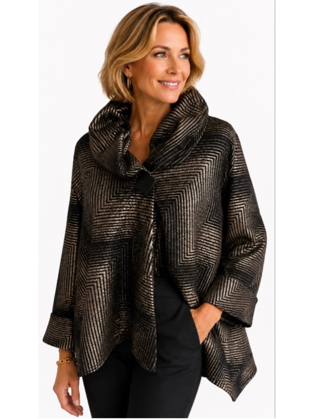 Women's Yushi Black Gold Chevron Cape Jacket M